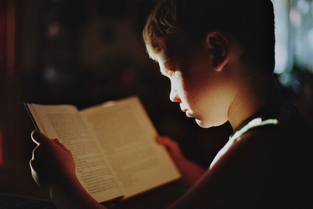 Bild eines Jungen, der aufmerksam ein Buch liest